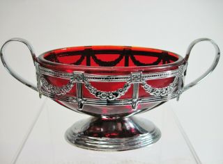 Vintage Ruby Red Glass Gravy Boat Or Sauce Relish Dish With Silver Wrap