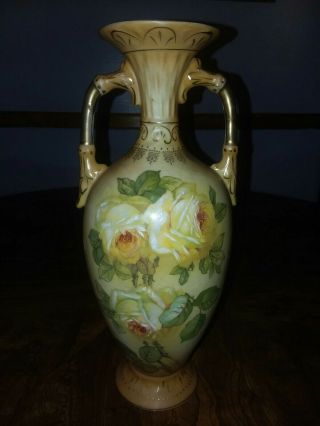 Antique Royal Wettina Austria Hand Painted Vase With Yellow Roses 11 "