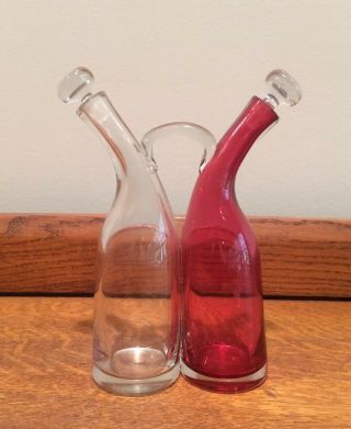 Vintage Oil & Vinegar Joined Cruets Red & Clear Glass Double Bottle