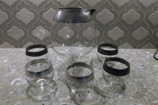 Vtg Mcm Dorothy Thorpe Silver Band Rim Roly Poly Glasses & Mixer Snifter Pitcher