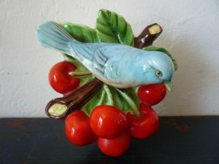 Vintage 1950s Wales Japan Blue Bird & Cherries Ceramic Wall Pocket Vase Cherry
