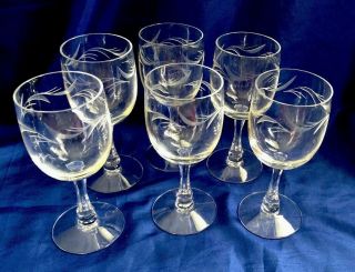 Vintage Clear Crystal Wine Glasses Etched Leaf And Stripe Set Of 6 Elegant