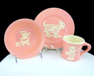 Harker Cameo Ware 3 Pc Pink & White Soldier,  Elephant,  Goat,  Duck Child 