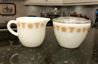 Vintage Set Of Pyrex Cream & Sugar W/lid Corelle Corning - Ware Butterfly Gold