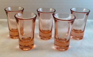 Set Of 5 Vintage Pink Depression Shot Glasses With Heavy Bases - 2 7/8 " Tall