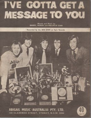 The Bee Gees Rare 1968 Oz Only Oop Pop Sheet Music " A Message To You "