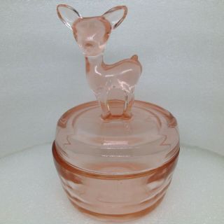 Vintage Jeanette Pink Baby Deer Fawn Powder Dresser Candy Jar Depression Glass