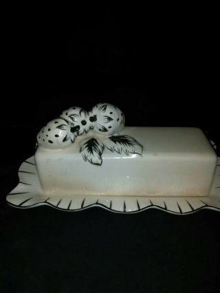 Antique Butter Dish.  Stunning Strawberry Design On Top.  Plate Black Edges.