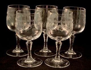 Set Of 5 Vintage 8 Oz.  Etched Crystal Wine Glasses - Floral Design