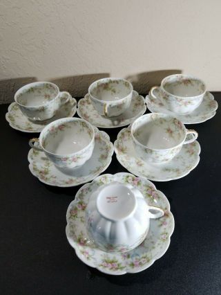 6 Theodore Haviland “limoges” Porcelain Tea Cup & Saucer Set Pink Flowers France