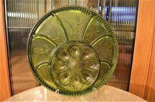 Vtg 1950: Avocado Green Tree Of Life Deviled Egg/relish Plate By Indiana Glass