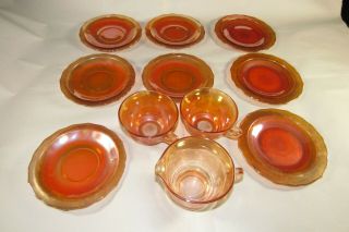11pc.  Federal Carnival Glass,  Normandie Lattice Pattern,  Marigold,  Cup - Saucer - Cream