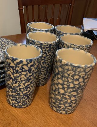 Roseville Henn Pottery Spongeware Tumblers Glasses Blue (6)