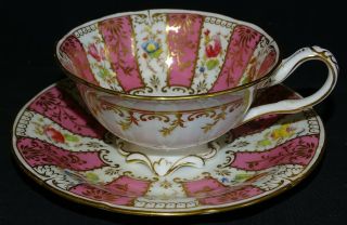 Royal Cauldon England H7765 Footed Cup & Saucer - Pink White Spoke Floral & Gold