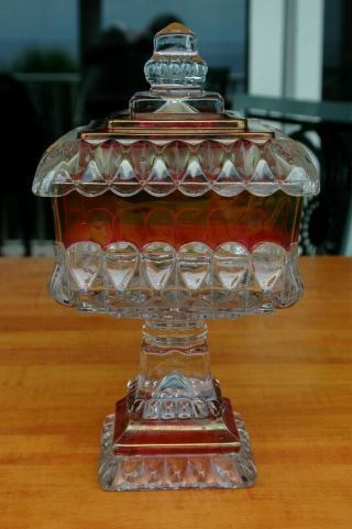 Large Heavy Vintage Kings Crown Thumbprint Compote Cranberry Flash With Lid 3