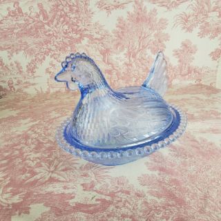 Vintage Blue Glass Chicken Hen On Nest Candy Dish Lid Blue