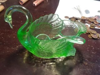 Cambridge Uranium Glass Green Swan Candy Dish With Spoon Vaseline Glass