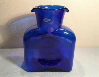 Vtg Blenko Glass Blue Cobalt Double Spout Water Bottle Pitcher Jug Carafe 2001 8