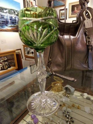 Bohemian Czech Emerald Green Crystal Cut To Clear Wine Goblet W/star Of David