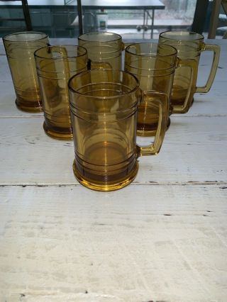 6 Vintage Heavy Amber Glass Beer Mugs (hazel Atlas Continental Can Company?) Euc