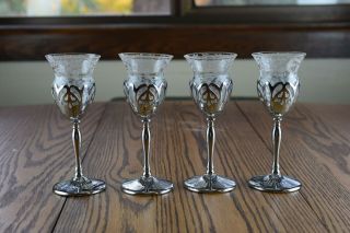 4 Cambridge Farber Bros Chantilly Etched & Stainless Cocktail Or Sherry Glasses