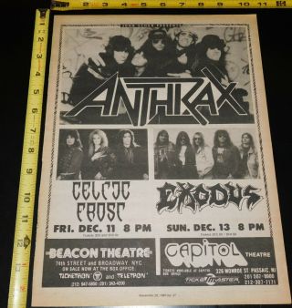 Anthrax Celtic Frost Exodus Beacon Ny & Capitol Nj 1987 Concert Ad Mini Poster