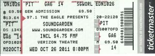 October 26 2011 Soundgarden Grand Prairie Texas Verizon Ticket Stub