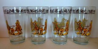 4 Vintage Libbey Western Cowboys,  Horse,  Roping Rodeo Glass Set Heavy