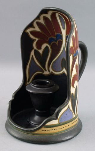 Antique Gouda Arts & Crafts Art Pottery Candlestick Chamberstick Candle Holder