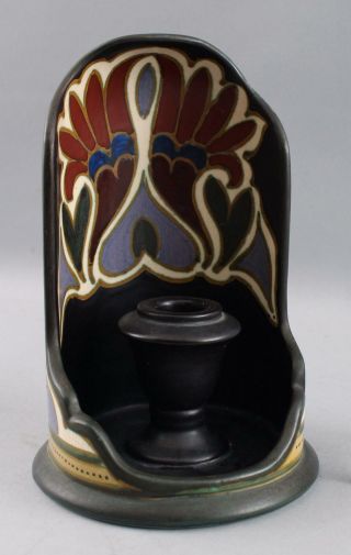 Antique Gouda Arts & Crafts Art Pottery Candlestick Chamberstick Candle Holder 3