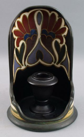 Antique Gouda Arts & Crafts Art Pottery Candlestick Chamberstick Candle Holder 5