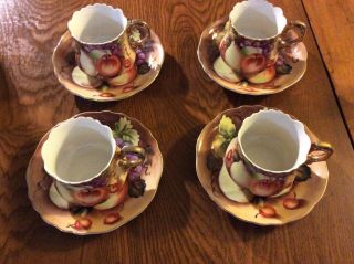 Set Of Four Lefton China Cups And Saucers Heritage Brown Fruit Pattern