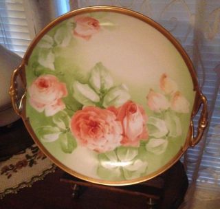 Large Limoges Coronet France Plate 2 Handles Peach Roses Gold Trim Handles Sign