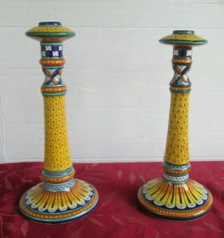2 - Geribi Deruta,  Italy Candle Sticks Hand Painted Marigold And Blue Ceramic