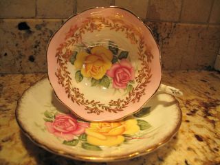 Paragon Cup & Saucer Pink Yellow Cabbage Rose Gold Trimmed