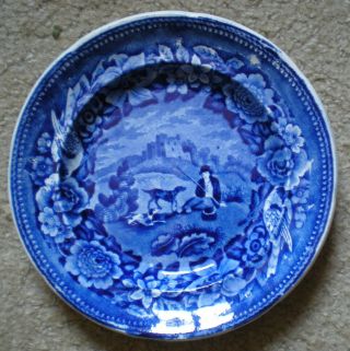 Clews Dark Blue Staffordshire Pearlware Plate Young Man With 2 Dogs Ca 1825