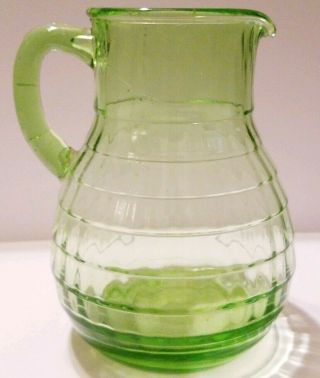 Vintage Green Vaseline Depression Glass Ribbed Water Pitcher 8 " Tall