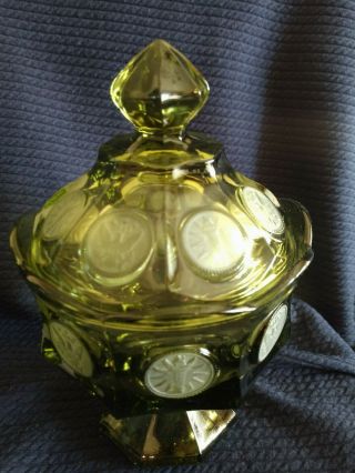 Vintage Fostoria Olive Green Frosted Coin Pedestal Covered Candy Dish 3
