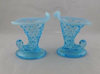 Vintage Fenton Small Aqua Blue Opalescent Hobnail Horn Vase