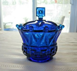 Fostoria Cobalt Blue Glass Windsor Crown Covered Candy Dish Box Jar