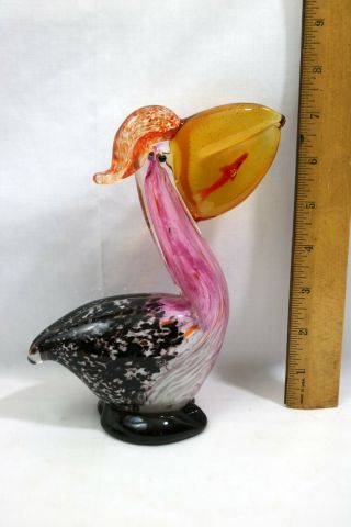 Vintage Murano Style Italy Art Glass Pelican With Orange Fish In Throat Pouch