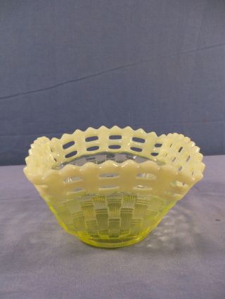 Fenton Topaz Opalescent Vaseline Glass Basketweave Open Edge Bowl Candy Dish