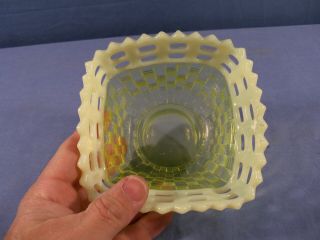 Fenton Topaz Opalescent Vaseline Glass Basketweave Open Edge Bowl Candy Dish 3