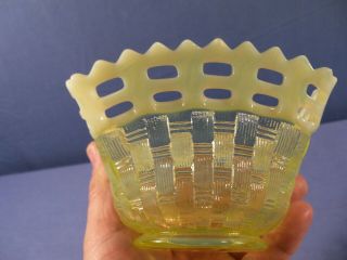 Fenton Topaz Opalescent Vaseline Glass Basketweave Open Edge Bowl Candy Dish 5