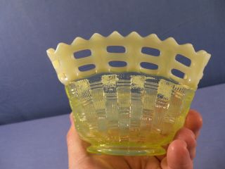 Fenton Topaz Opalescent Vaseline Glass Basketweave Open Edge Bowl Candy Dish 6
