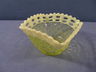 Fenton Topaz Opalescent Vaseline Glass Basketweave Open Edge Bowl Candy Dish 7