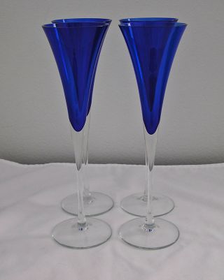 Elegant Cobalt Blue & Crystal Trumpet Shaped Champagne Flutes Set Of 4