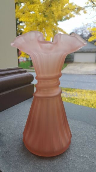 2 pc Fenton Art Glass Pink Satin Wheat Vase & beaded melon blue rosebowl 2