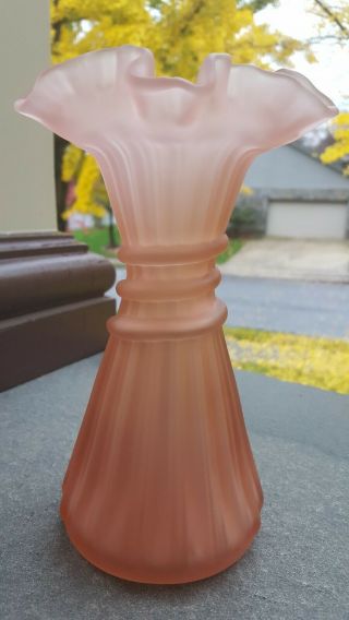 2 pc Fenton Art Glass Pink Satin Wheat Vase & beaded melon blue rosebowl 3