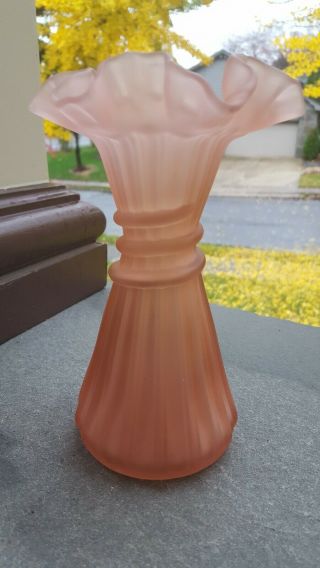 2 pc Fenton Art Glass Pink Satin Wheat Vase & beaded melon blue rosebowl 4